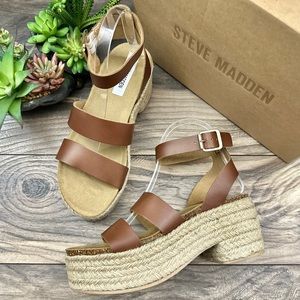 NIB Steve Madden Kelton Espadrille Platform Ankle Strap Sandal Cognac Leather